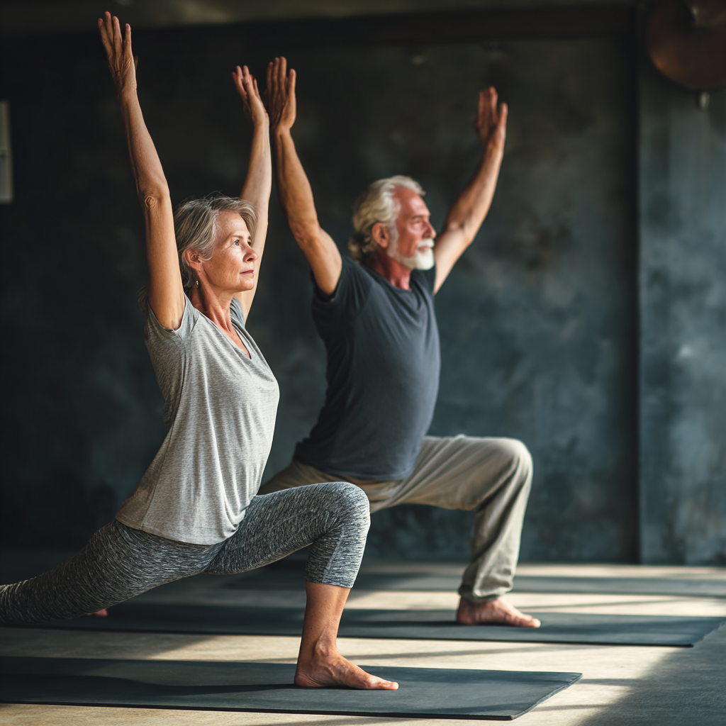 Mature adults practicing yoga poses together in peaceful studio setting