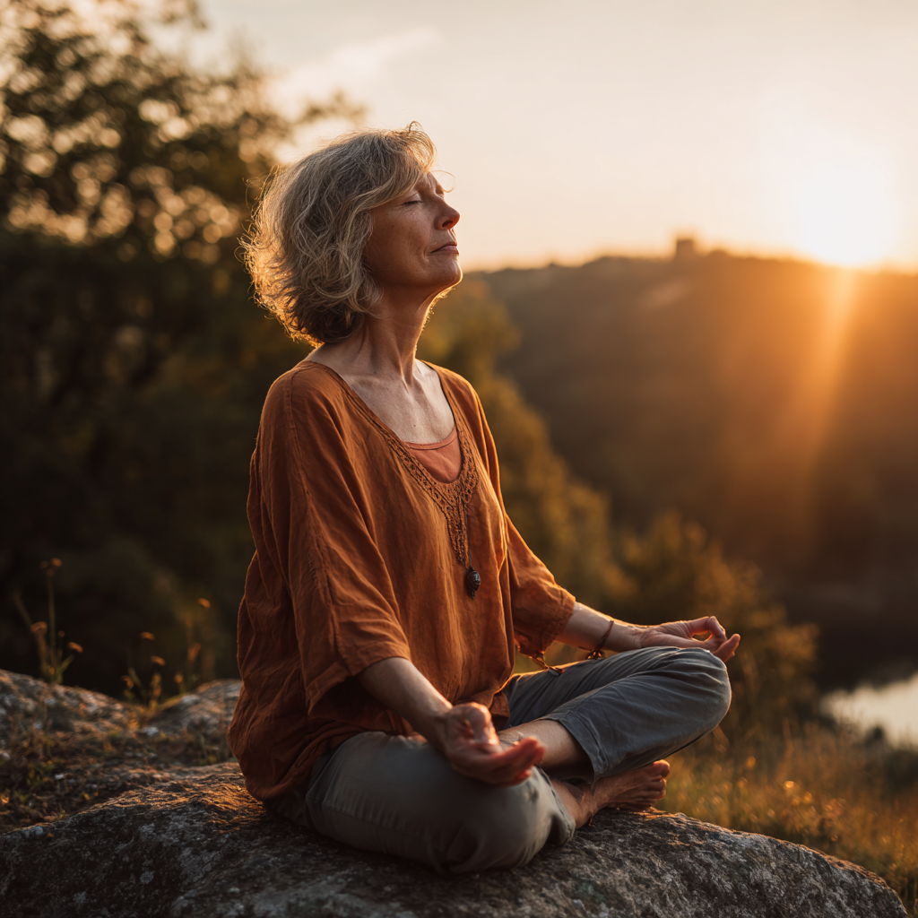 Middle-aged woman practicing peaceful meditation in serene natural environment